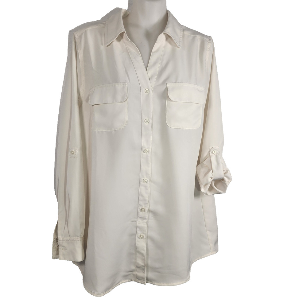 Denim & Co. Tunic Top Medium Roll Tab Sleeve Button Soft Utility Neutral A227885